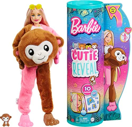 Barbie Cutie Reveal Fashion Doll, Jungle Series Monkey Plush traje, 10 surpresas, incluindo Mini Pet & Color Change