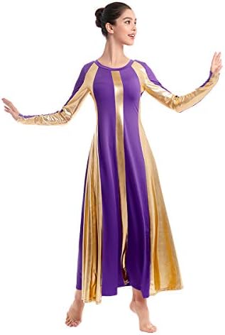 Ibakom feminino adulto adulto dourado colorido bloco de manga longa louvor Dress Vestido solto ajuste