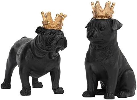 Guichifun French Bulldog Animal Figuras Home Decoration - Conjunto de 2 estátuas pretas de Bulldog com Decoração de Coroa Dourada