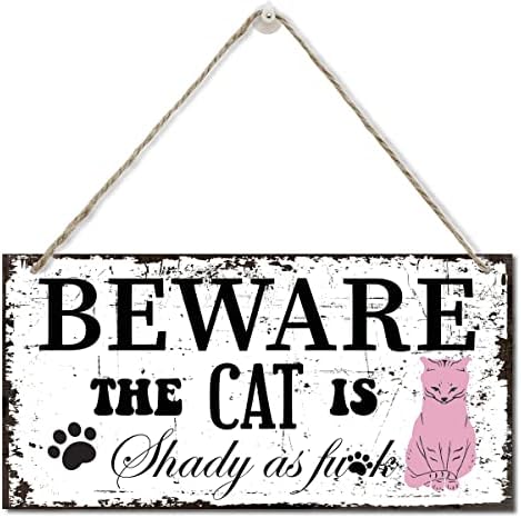Cuidado engraçado O gato é sinal de decoração de parede sombria, placa de placa de madeira impressa, pendurado placar decorativo