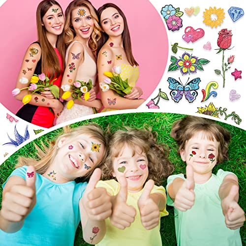 390 PCs Glitter Butterfly Flower Tattoo temporário para meninas Glitter Bird Fruit Tattoo Adesivos para crianças Tatuagens