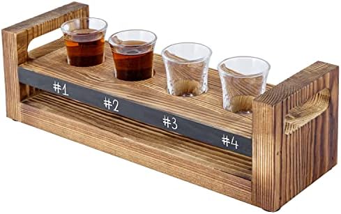 Mygift Flight Serving Caddy Set, Rustic Burnt Solid Wood degustação bandeja de retenção com alças - inclui 4 óculos transparentes