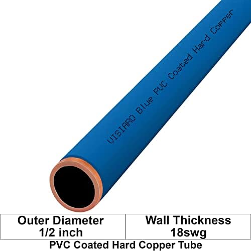 Visiaro Blue PVC revestido de tubo de cobre, 1mtr, diâmetro externo 1/2 polegada, espessura da parede 18 SWG, revestimento de 2 mm de PVC, pacote de 1