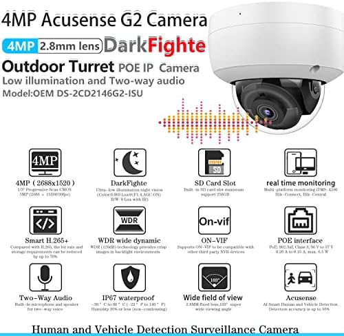 Câmera Panoagagle 4MP Poe IP Dome Câmera OEM DS-2CD2146G2-ISU Câmera de iluminação ultra-baixa Darkfighter com detecção de AI Human/Vehicle, áudio de mão dupla, 256g SD slot, IP67 à prova de intempéries