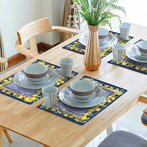 Summer Lemon Placemats Conjunto de 4 azul marinho e amarelo boho mat placemat lavável folha de verão resistente ao calor e limão