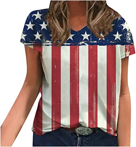 Camiseta do dia da independência para mulheres camisetas de impressão de bandeira americana v pescoço de manga curta tops de