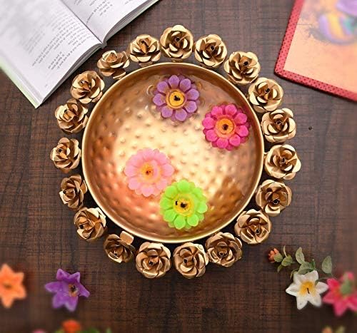 JR Handicrafts World Round Flower Border Designer Urli Decorativa Linda tigela artesanal para flores flutuantes e velas leves em casa, escritório e decoração de mesa especial para presente de diwali