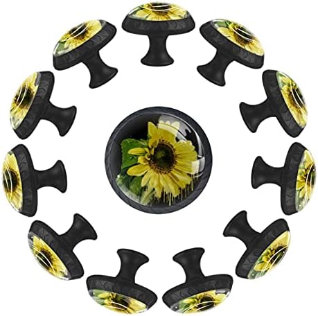 Botões de cômoda de lagery maçanetas de girassol preto botões de gabinete de cristal botões 12pcs impressão colorida redondo botões pretos da criança 1,38 × 1.10in