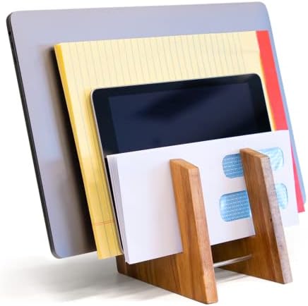 Organizador da mesa da pasta de arquivos Workwood | Laptop vertical Stand & Holder para MacBook Pro & iPad | Incline Mail & Letter Castter for Desktop Storage | Se encaixa em vários dispositivos | ACACIA WOOD