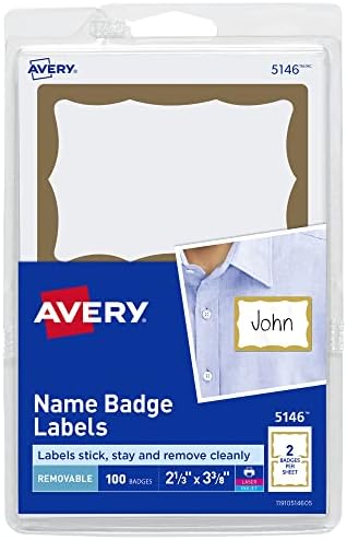 Tags de nome personalizado Avery, impressão ou gravação, borda de ouro, 2-11/32 x 3-3/8, 100 tags adesivas