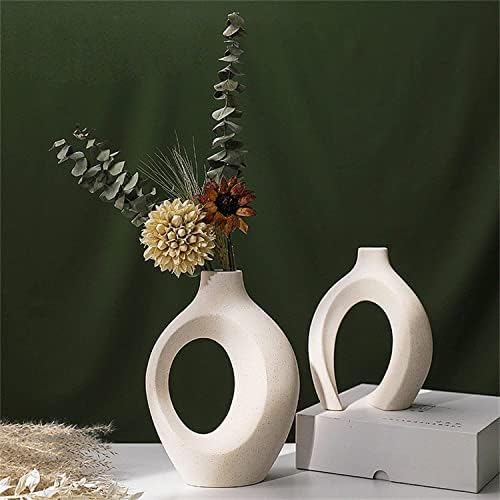 Conjunto Hewego de 2 vasos de cerâmica, vasos de flores ocas irregulares bege fosco para decoração de casa, vaso de decoração
