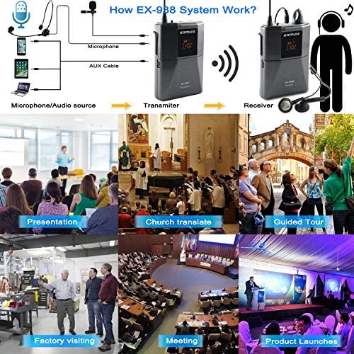 EXMAX UHF-938 UHF Transmissão de voz acústica Wireless Headset Wireset Sistema de guia de turismo de áudio para tradução para igreja Ensino de viagens interpretação simultânea