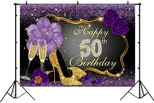 Feliz aniversário de 50 anos de 50º aniversário brilhantes pontos roxos e fundo de fotografia de ouro para decorações de festas rosa balões flora