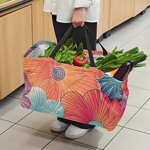 Bolsas de supermercado reutilizáveis, flores coloridas, bolsas de compras de reciclagem leves com alça para mantimentos