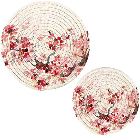 Flores de cerejeira Trivets de flores para pratos quentes suportes de panela Conjunto de 2 peças almofadas quentes para algodão de cozinha Trivets redondos para vasos quentes e panelas Placemats definidas para decoração da cozinha da fazenda