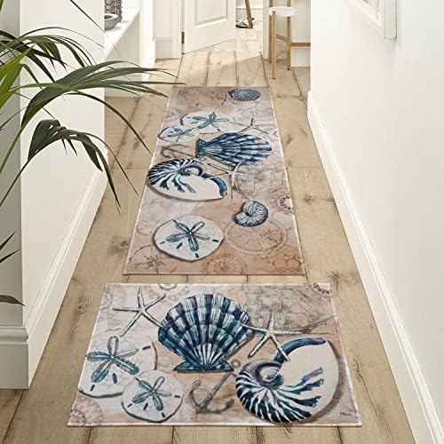 Xsinufn Summer Náutico tapetes de cozinha Conjunto de 2 peças, temas oceânicos tapetes decorativos de concha para