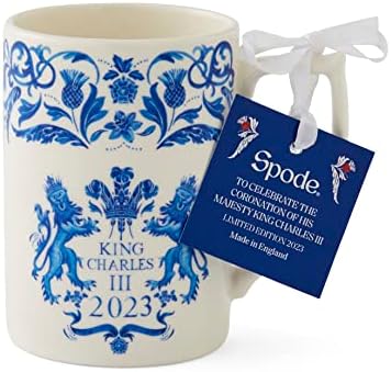 Portmeiron Home & Gifts Spode King Charles III CORONAÇÃO DE CORONAÇÃO DE CORONAÇÃO 340ml Blue & White Pattern UK Made Made