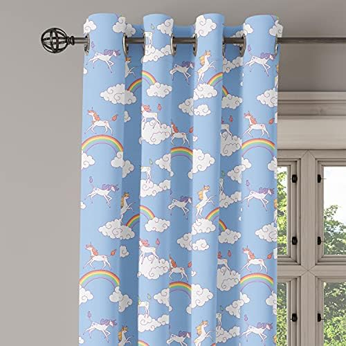 Cortomet Crommet de Ambesonne, criaturas míticas andando e pulando nuvens com unicórnio de arco-íris, cortinas decorativas de janela de 2 painéis para a sala de estar do quarto, 50 x 84, azul-céu multicolor