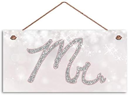 Innaper Sr. e Sra. Sinais de casamento, rosa e branco brilhantes com letras de glitter prateado, sinal de 5 x 10, placas de cadeira