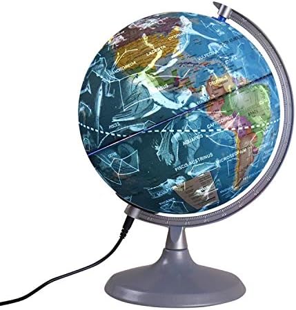 Globo iluminado de Woodlev, 8 polegadas, globo geográfico em espera, construído na luz noturna de LED com locais mundiais e visão de constelação