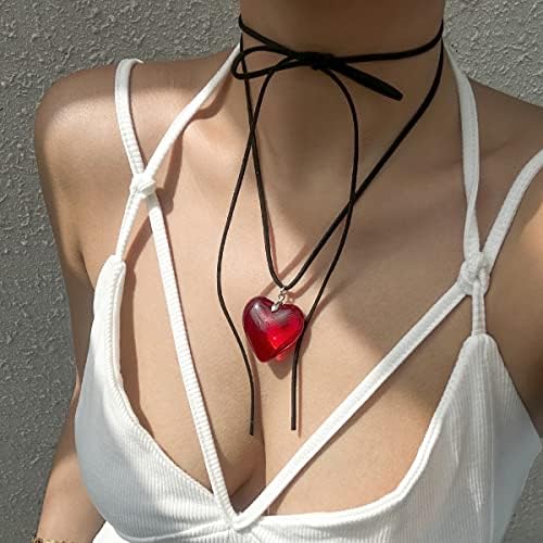 Colar de coração vermelho do Fivean Y2K, grandes colares de pingentes de coração de vidro grossa para mulheres