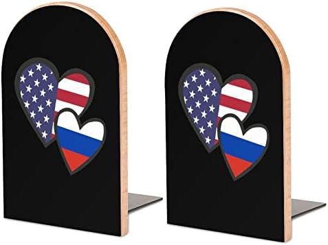Corações intertravadas da bandeira russa americana Pintura de madeira Bookend Decorativa Livro não esquiador End 1 par 7x5 polegadas