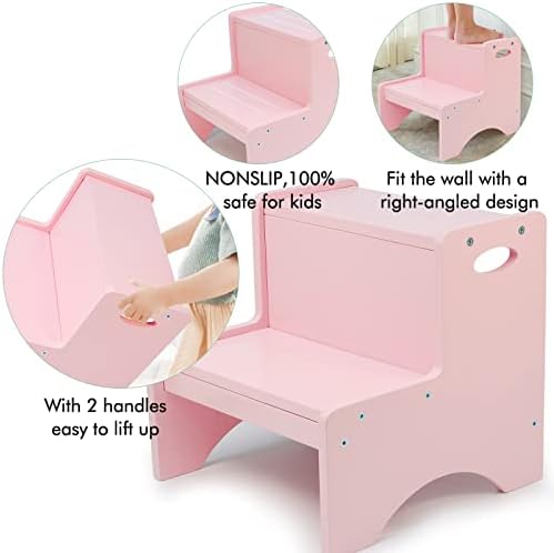 Hajack Step Stools for Kids, banquinho rosa da criança, banquinho de madeira de dois degraus com segurança bônus sem deslizamento e maçaneta, banheiro do banheiro e fezes de bate-papo e banquinho para uso doméstico para uso doméstico