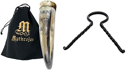 Pacote de Mythrojan - 2 itens: Viking bebendo chifre com aro de bronze autêntico pêlo medieval inspirado/hidromel 400 ml - acabamento polido com horn de chifre de chifre de cerveja forjada com mão forjada