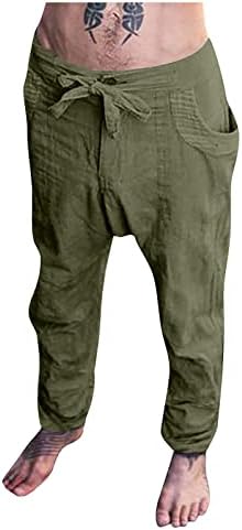 Calças de linho de algodão casual masculinas para homens desenham as calças de ioga de praia elástica de cintura elástica e elástica com bolsos