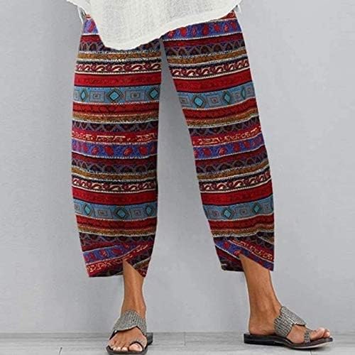 Calça capri para mulheres linho de algodão largura capris feminino de verão calça cortada na praia cintura elástica calça de colheita