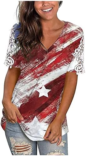 Dia da Independência das Mulheres V Camisetas Americanas Impressão da Bandeira Americana Manga Curta Causal Summer Summer