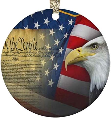 Ornamento de Natal de Cerâmica Gluminosa Redonda - Patriótica dos EUA Independência Dia 4 de julho American Eagle Ornamento de cerâmica personalizado para a árvore de Natal, cordas de ouro e caixa de presente incluída ， 2.87