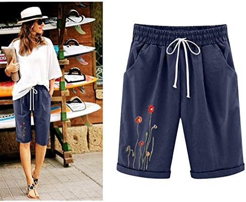 Mulheres de verão shorts de linho de algodão Plus Tamanho Bermuda Shorts Praças elásticas da cintura elástica com bolsos lombros de