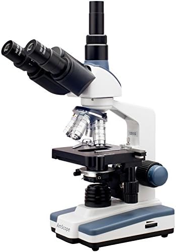 AMSCOPE T120 Microscópio profissional de composto trinocular profissional, ampliação 40x-1000X, oculares wf10x, campo brilhante, iluminação LED, condensador abbe com diafragma da íris, estágio mecânico de camada dupla, 100-240VAC
