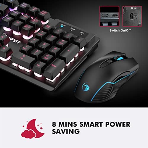 Npet S21 Keyboard de jogos sem fio e combinação de mouse, LED Backlit recarregável Bateria de 3800mAh, teclado mecânico de sensação