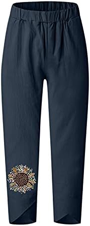 Calça de linho de algodão calças de verão casual de verão com bolsos calças de leão de leão de dente -de -praia de cintura