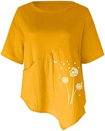 Bolsos tops para linho de algodão feminino camisetas de manga curta camisetas de verão impressão de dente de leão solta