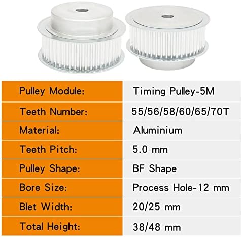 Axwerb Professional 1pc Polia Roda 5M-55T/56T/58T/60T/65T/70T, Polia de liga de 12 mm de 12 mm sem parafuso de posição