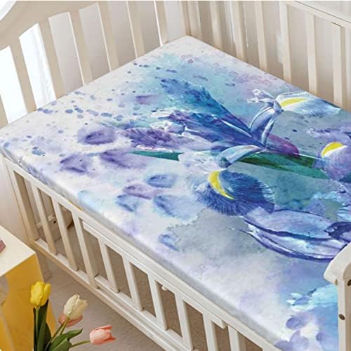 Mini-berço com tema de flor de aquarela folhas de berço, lençóis portáteis de mini berço lençóis de colchão de colchão para meninas meninas, 24 x38, lilás teal ecru