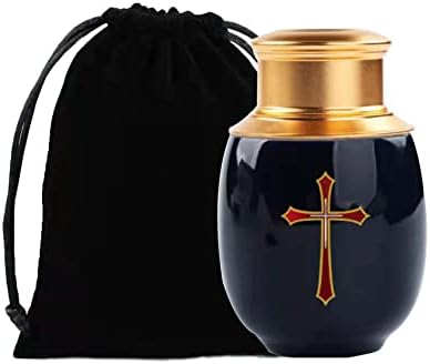 Amarrish Eternal Mini Cremação Urnas para as cinzas humanas, a garrafa azul é comparada com o padrão cruzado de ouro,