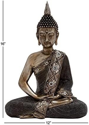 Deco 79 Polystone Buddha escultura com esculturas gravadas e detalhes de alívio, 12 x 6 x 16 , latão