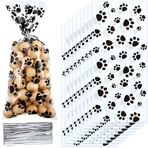 200 peças pata de estimação Prinha de celofane Sacos de cães Sacos de favor de cães Bolsas de tratamento de tratamento de cão sacos de pata de cão sacos de doces de gato com 200 peças laços de torção de prata para fazer a festa da festa de guloseimas