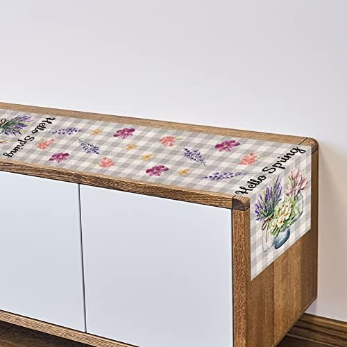 Eddert Buffalo Vaso de lavanda de lavanda Hello Hello Spring Table Runner, Páscoa Aniversário Sazonal de Holida de Férias