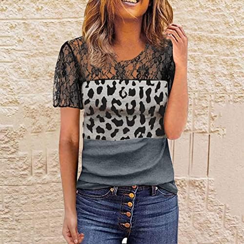 Patchwork de renda feminina Manga curta Tops de verão casual pescoço solto Fit Blouse de camiseta elegante tops de pulôver elegantes