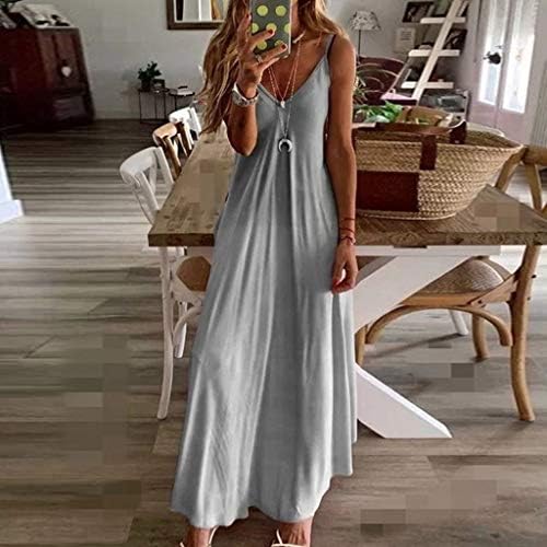 Vestido Maxi Longo Hymyyyxgs para Mulheres, Mulheres sem mangas V Spaghetti Strap Pockets Beach Boho Tropical Summer Maxi Dress