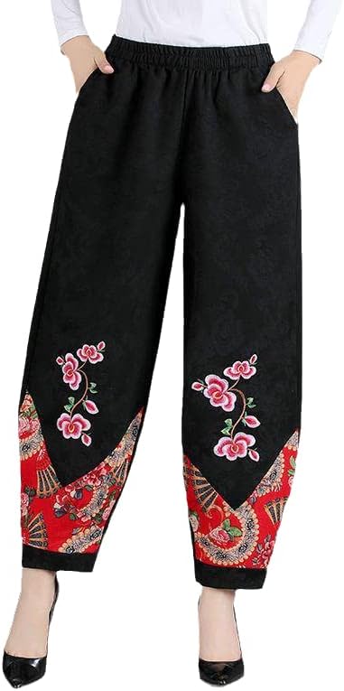 FLOR NACIONAL FLOR Bordada Mulheres chinesas tradicionais solteiras calças largas de pernas largas calças étnicas orientais color2