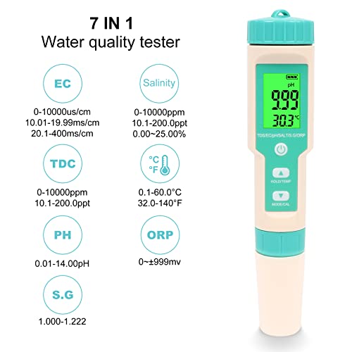 Medidor de pH/TDS do resoma, digital 7 em 1 pH/TDS/EC/sal/orp/sg/temp medidor, testador de água de pH do medidor EC PPM à prova d'água com retroiluminação e ATC, testador de pH de alta precisão para nutrientes hidropônicos, piscina, aquário, solo