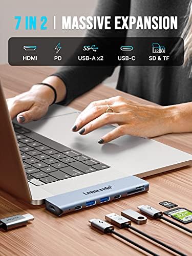 USB C Hub, Lemorele 7-1 Adaptador multiporta de hub USB-C, dongle USB C com 4K 60Hz HDMI, 100W USB C CARGA, SD/TF 3.0 Slots de cartão,