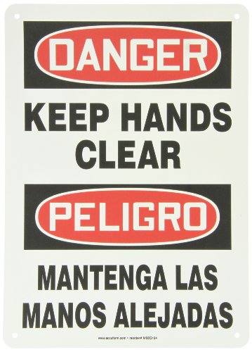 Accuform SBMEQM050VP PLÁSTICO PLÁSTICO SIGNIFICAÇÃO BILINGAL Espanhola, Danger, mantenha as mãos claras/Peligro mantenga