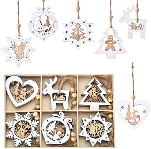 Ornamentos de árvore de natal idatoo Conjunto de 24 decorações artesanais de madeira desenhadas para o país das maravilhas